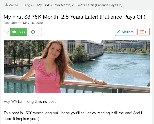 Zarina's Wealthy Affiliate success story