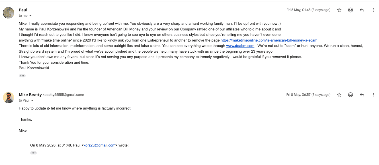 Email exchange with Paul — screenshot 4
